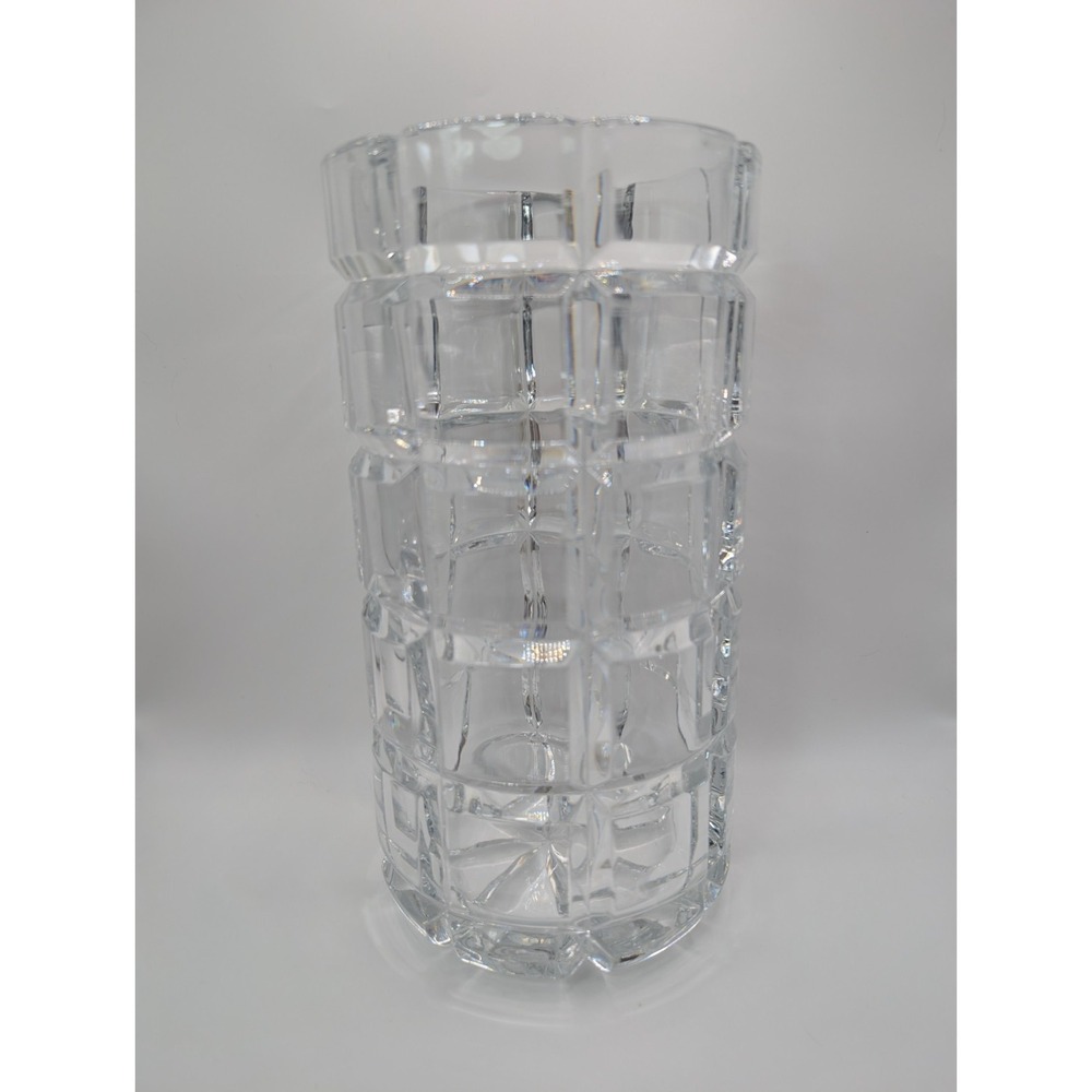 BLOCK Crystal Large Geometric Vase 10" Heavy Clear Cut Glass w/ stamp etching